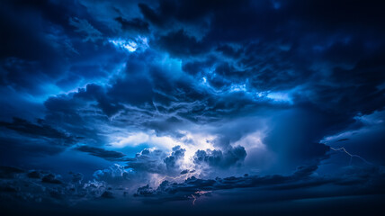 Fototapeta premium A thunderstorm brewing in the dark blue sky, dark clouds building up, with flashes of lightning illuminating the night. Rain begins to fall in sheets as the sky glows with the energy of an approaching