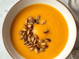 Delicious Homemade Pumpkin Soup in a Bowl with Roasted Pumpkin Seeds, Autumnal Comfort Food.