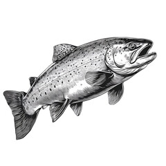 Fototapeta premium Detailed Engraving Black and White Illustration of a trout fish in Side Profile View. Transparent PNG. AI Generated