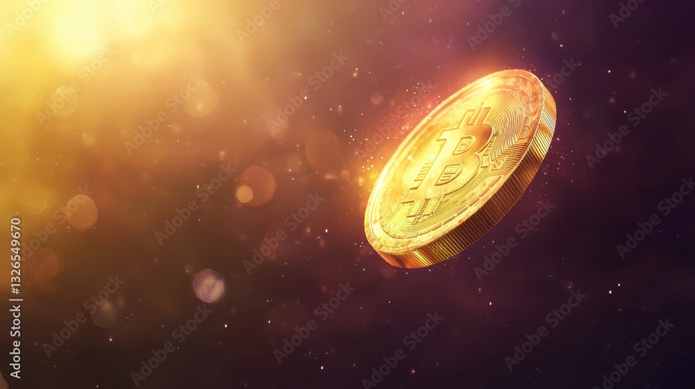 Poster floating bitcoin coin in a glowing background with sparkling effects