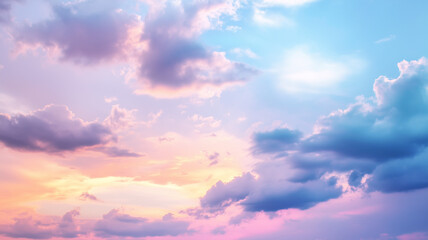 Fototapeta premium A vast sky at twilight, adorned with a gentle mix of blue, purple, and soft white clouds. The sun’s final golden rays peek through, illuminating the pastel hues of the evening, evoking a feeling of