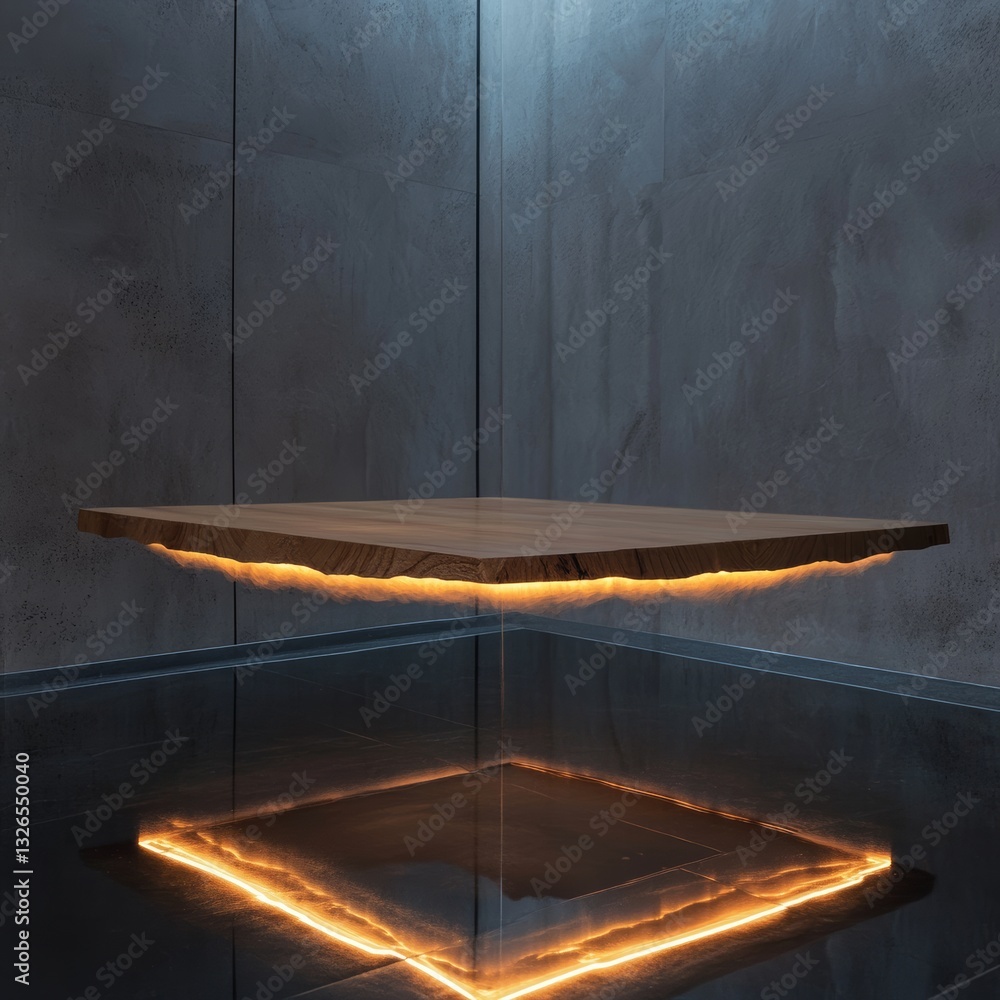 Poster futuristic floating wooden table with luminescent edge design