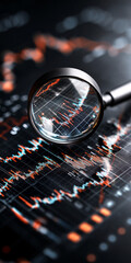Conceptual image of magnifying glass hovering over detailed financial charts and graphs
