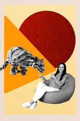 Composite 3D photo collage design trend sketch of young lady sit beanbag finger point hand gesture...