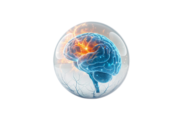 A glowing blue brain encased in a transparent sphere, electric neural activity sparking within, resembling a futuristic intelligence experiment, isolated on a transparent background