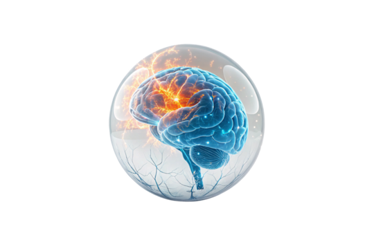 A glowing blue brain encased in a transparent sphere, electric neural activity sparking within, resembling a futuristic intelligence experiment, isolated on a transparent background