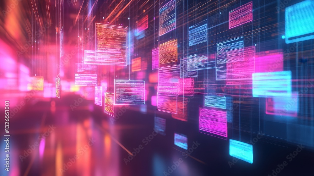Poster a vibrant, abstract digital environment with colorful data visualizations and glowing elements, sugg