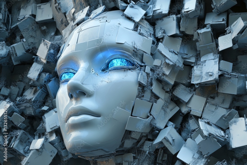 Poster futuristic 3d rendering of ai with glowing human head and neural network cubes on dark background