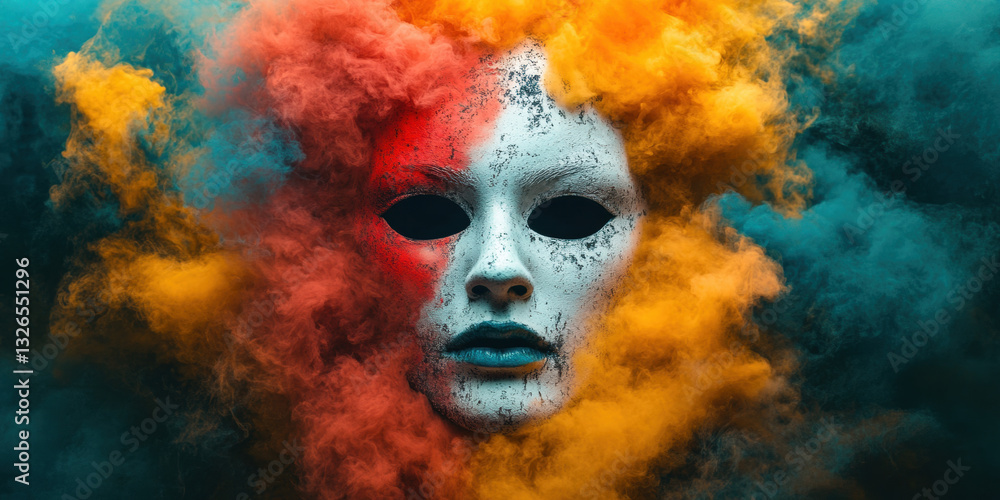 Poster a surreal image of a floating mask surrounded by eerie, shifting colors in a high-fidelity format.