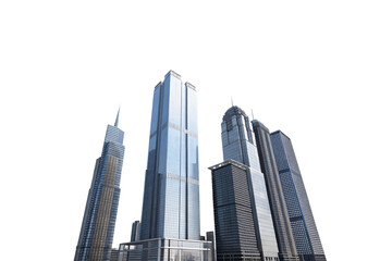 Naklejka premium A group of skyscrapers with a metallic blue finish, one with twin towers, and others showcasing unique spires, creating a powerful, modern architectural composition, isolated on transparent background