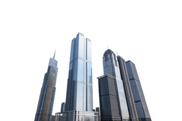 A group of skyscrapers with a metallic blue finish, one with twin towers, and others showcasing unique spires, creating a powerful, modern architectural composition, isolated on transparent background