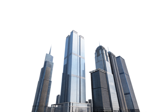 A group of skyscrapers with a metallic blue finish, one with twin towers, and others showcasing unique spires, creating a powerful, modern architectural composition, isolated on transparent background