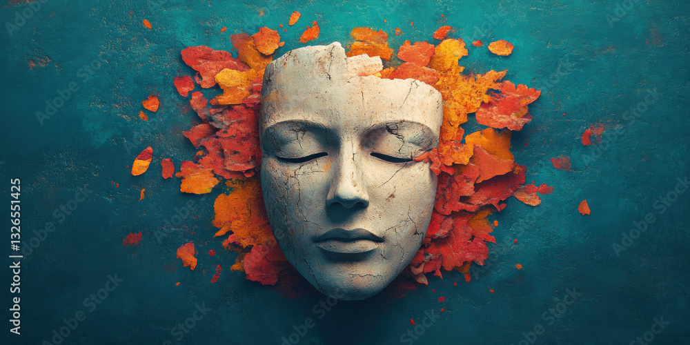 Aufkleber a surreal floating mask enveloped by mysterious shifting colors in a high fidelity image.