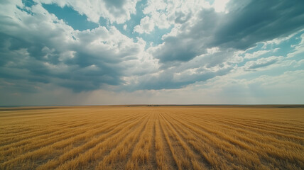 Fototapeta premium A wide view of the sky, with dark gray clouds highlighted by vibrant yellow and orange tones. The horizon is clear, offering ample space for graphic designs (1)