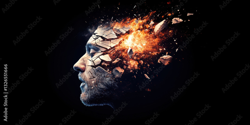 Poster a distorted face symbolizing fracture and brokenness in high fidelity, perfect for artistic and psyc