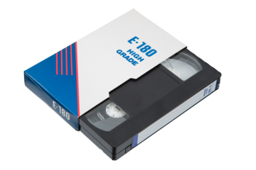 Retro E-180 High Grade VHS tape in an open box, classic video storage, featuring blue and red colors, against a white backdrop.