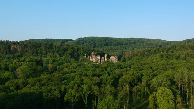 Drone scenic view of Externsteine standing between the trees of Teutoburg Forest under blue sky