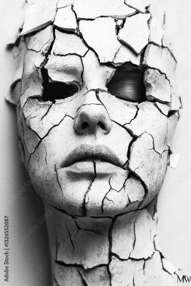 Poster a distorted face symbolizing fracture and brokenness in high fidelity resolution.