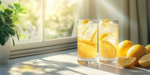 Refreshing lemonade served in tall glasses by a sunlit window with fresh lemons on the table