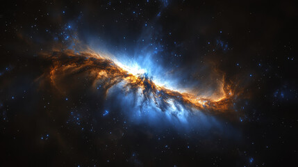 Naklejka premium A galactic phenomenon resembling a towering celestial peak, flowing gaseous streams of blue and amber, radiant against a single-tone cosmic expanse
