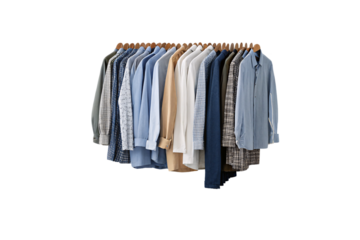 A neatly arranged row of dress shirts in neutral, blue, and plaid patterns hang on wooden hangers, creating a harmonious blend of textures and colors, isolated on a transparent background