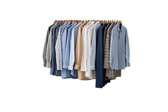 A neatly arranged row of dress shirts in neutral, blue, and plaid patterns hang on wooden hangers, creating a harmonious blend of textures and colors, isolated on a transparent background