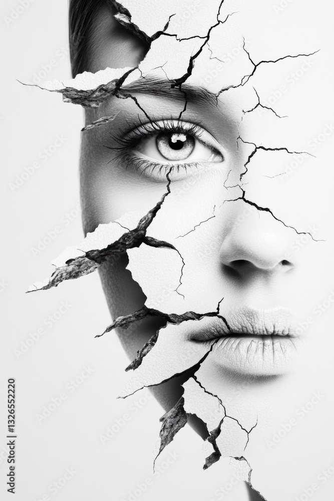 Poster a distorted face symbolizing fracture and brokenness in high fidelity imagery.