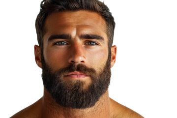 Man with beard and intense gaze in clear background