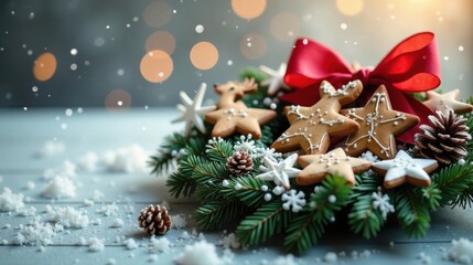 Festive Star-Shaped Gingerbread Cookies and Evergreen Wreath Adorned with a Red Bow, Snowy Setting