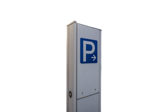 A parking sign on a tall, metallic structure with a blue P and right-facing arrow, indicating a parking area ahead, isolated on a transparent background