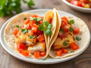 Delicious Fish Tacos with Fresh Tomato Salsa, Cilantro, and Corn Tortillas on a Plate.