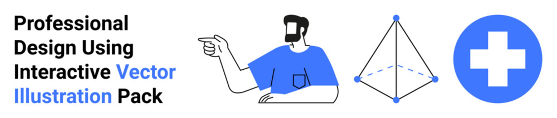 Man gesturing, geometric shape with editable points, and cross symbol highlight creative tools and teamwork. Ideal for design tools, UX, collaboration, healthcare, education, innovation flat landing