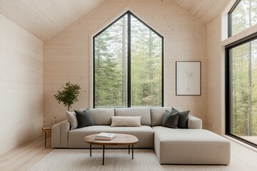 Fototapeta premium Cozy modern living room with large windows overlooking a serene forest, featuring a light beige sectional sofa and minimalist decor for a tranquil atmosphere