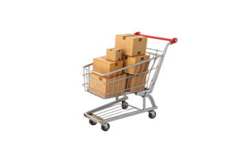 A silver shopping cart carries an assortment of sealed brown packages in various sizes, filling the cart to its brim, with a glossy metallic frame, isolated on a transparent background