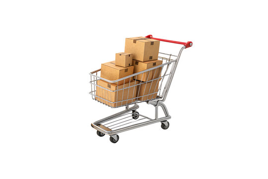 A silver shopping cart carries an assortment of sealed brown packages in various sizes, filling the cart to its brim, with a glossy metallic frame, isolated on a transparent background
