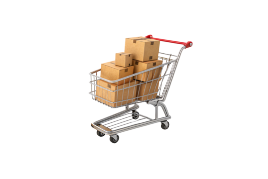 A silver shopping cart carries an assortment of sealed brown packages in various sizes, filling the cart to its brim, with a glossy metallic frame, isolated on a transparent background - Powered by Adobe