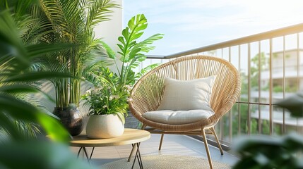 A serene balcony setup with a rattan chair, a small coffee table, and lush potted plants. picture