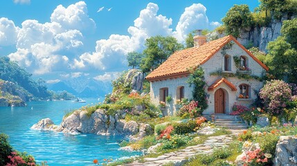Idyllic coastal cottage nestled on a cliffside, overlooking a tranquil bay.