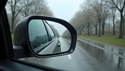 Water droplets on a car's side mirror reflecting a rainy road scene