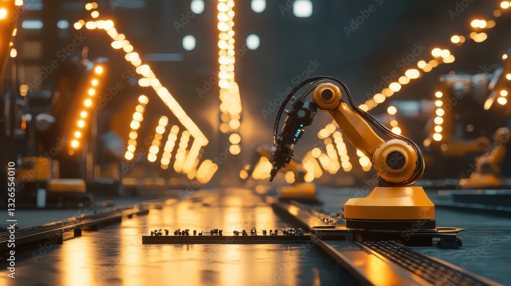 Poster industrial robotic arm working in automated factory with lights