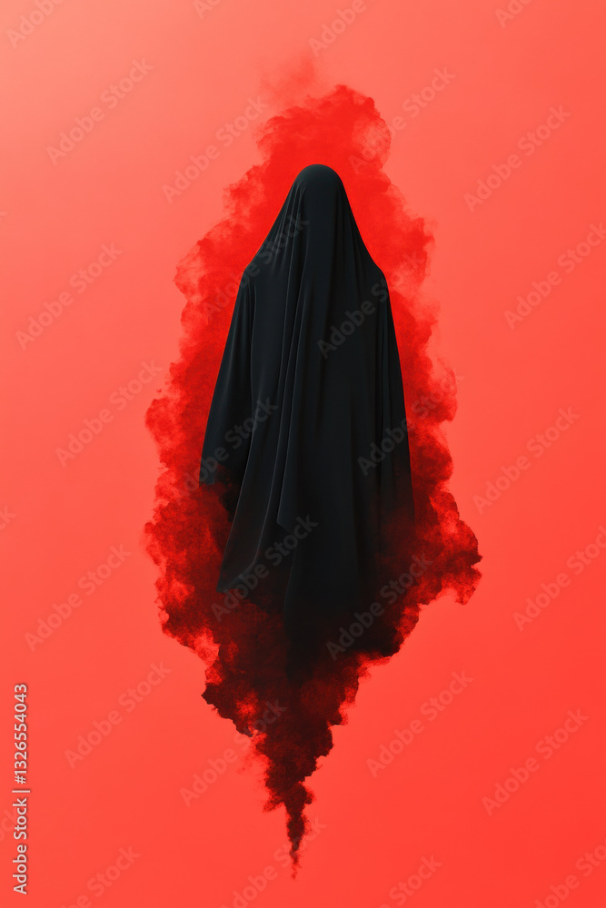 Poster a ghostly figure appears from red fog, creating an eerie atmosphere in this high-fidelity image.