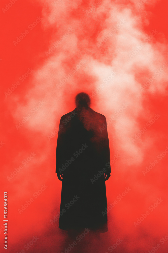 Poster a ghostly figure appears amidst a red fog, creating a haunting and mysterious atmosphere for imagery