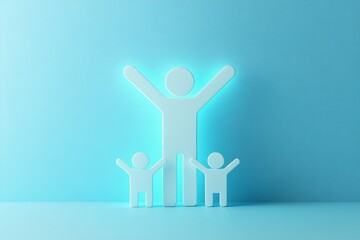 Glowing figure with arms raised surrounded by three small people on a light blue background