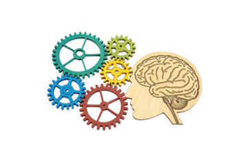 A wooden silhouette of a human head with a carved brain, surrounded by colorful interlocking gears in blue, red, yellow, and green, isolated on a transparent background