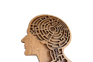 A wooden silhouette of a human head with an intricate circular maze inside, representing deep thinking, memory, and the complexity of the mind, isolated on a transparent background