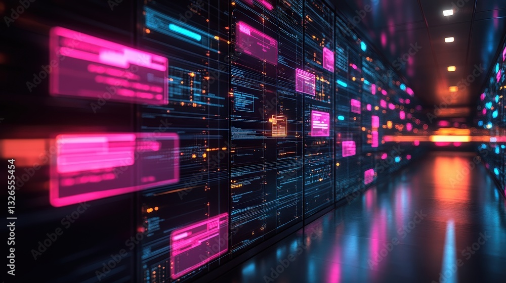 Poster a futuristic server room with vibrant neon lights and digital displays, showcasing advanced technolo