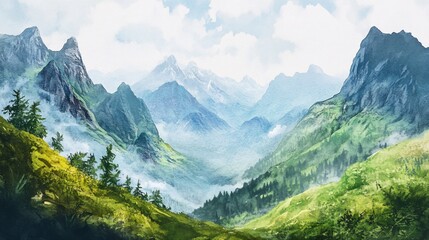 Obraz premium Watercolor Painting of a Mountainous Valley with Misty Fog and Lush Greenery Landscape