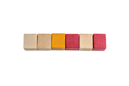 Six small wooden cubes are aligned in a row, alternating between natural wood tones, vibrant yellow, and deep red, forming a simple yet structured pattern, isolated on a transparent background - Powered by Adobe