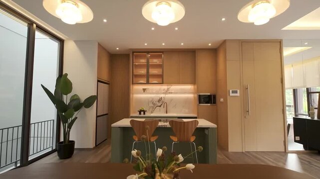 Luxurious apartment interior design visualization. Modern architectural design walkthrough. Architectural design cinematic view.