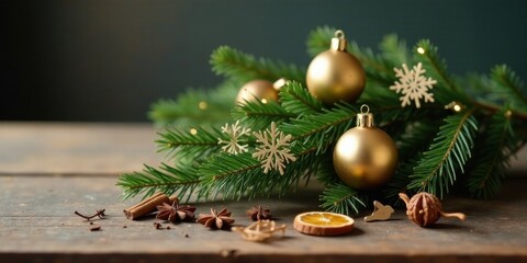 A Festive Arrangement of Evergreen Branches, Gilded Ornaments, and Aromatic Spices on Rustic Wood